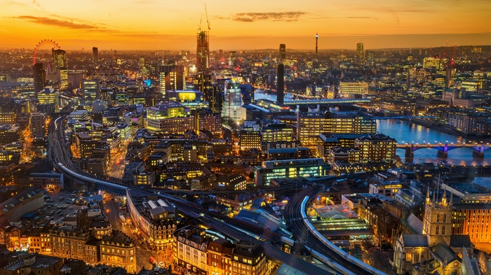 4K London Cityscape at Sunset with River and Bridges