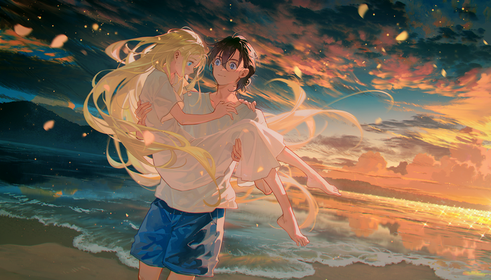 Shinpei Ajiro carries Ushio Kofune on a beach at sunset