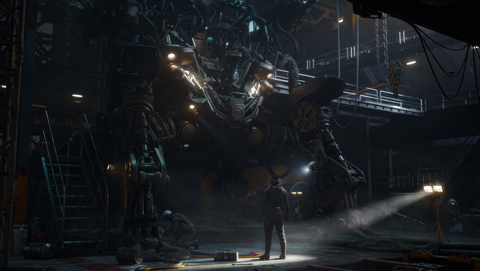 4K robot in a futuristic hangar