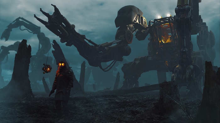 Dystopian landscape with robots and a figure in a gas mask