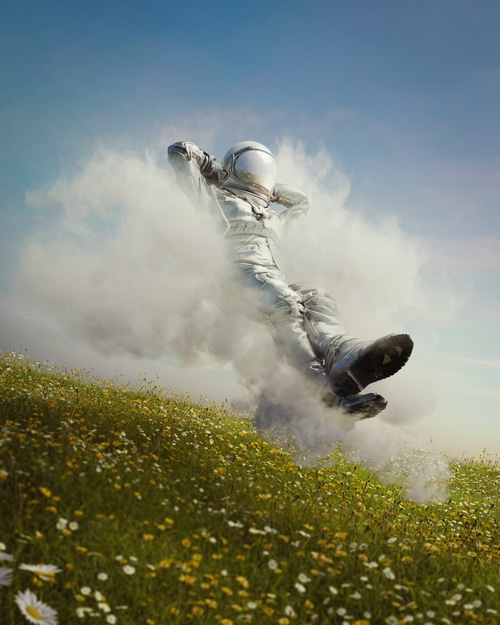 Astronaut floating in clouds over a flower field