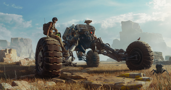 Futuristic vehicle with a person in a desert landscape