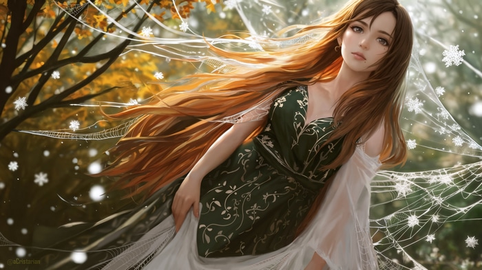 Fantasy girl with long brown hair in a green dress