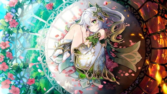 Nahida from Genshin Impact with flowers and stained glass