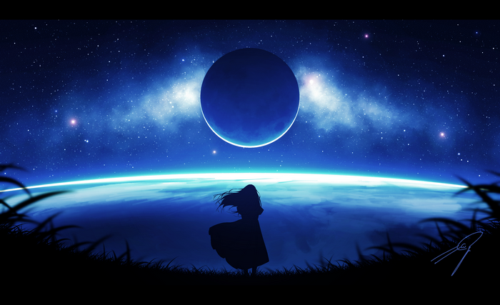 4K Silhouette of a Girl under a Large Moon and Galaxy