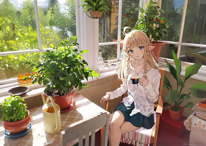 Anime girl with blonde braids drinking tea by the window