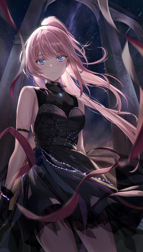 Girl with pink hair and blue eyes in a black dress