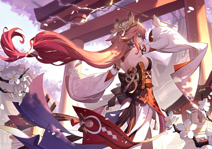 Yae Miko from Genshin Impact with flowers