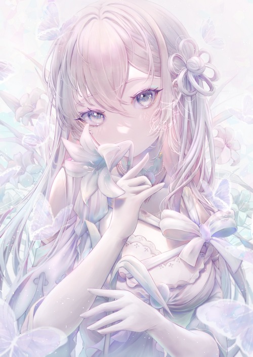 Anime girl with white flowers and butterflies