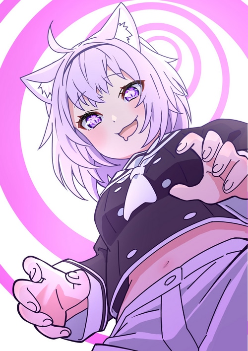 Nekomata Okayu with purple eyes and cat ears