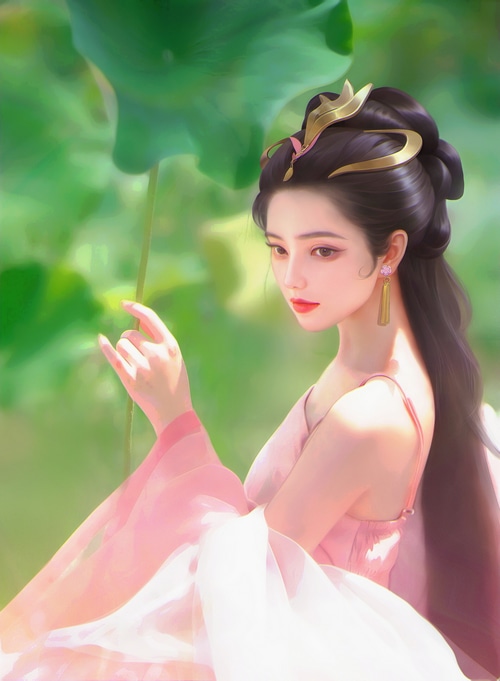 Heng Yue in pink dress with lotus leaves