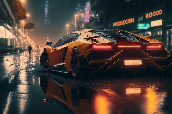 Cyberpunk orange sports car in the rain