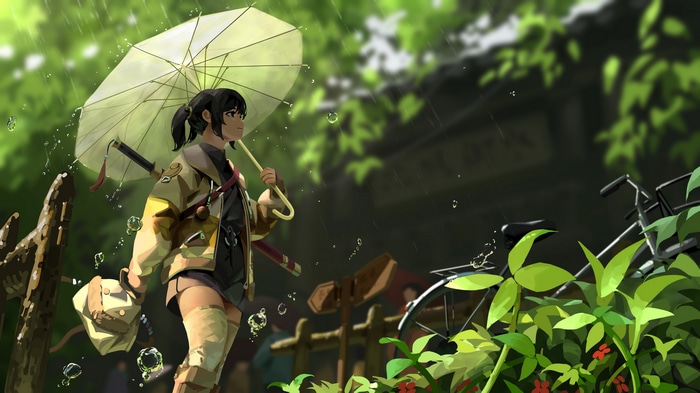 4K Girl with Umbrella and Sword in Rain