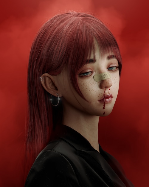 Artwork of a woman with a bloody nose and earring