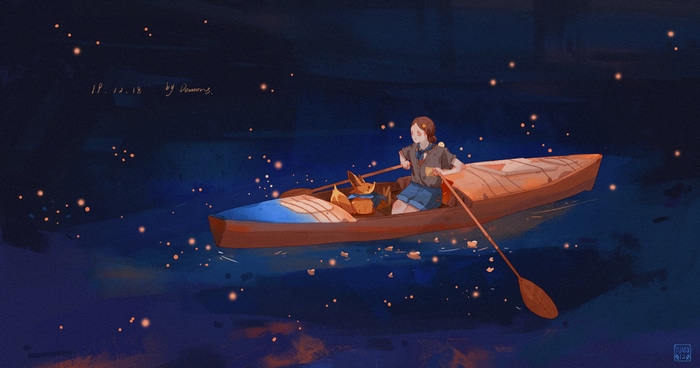 4K artwork of a girl and fox in a boat at night