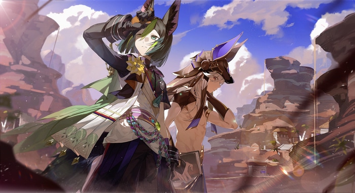 Cyno and Tighnari in a desert landscape