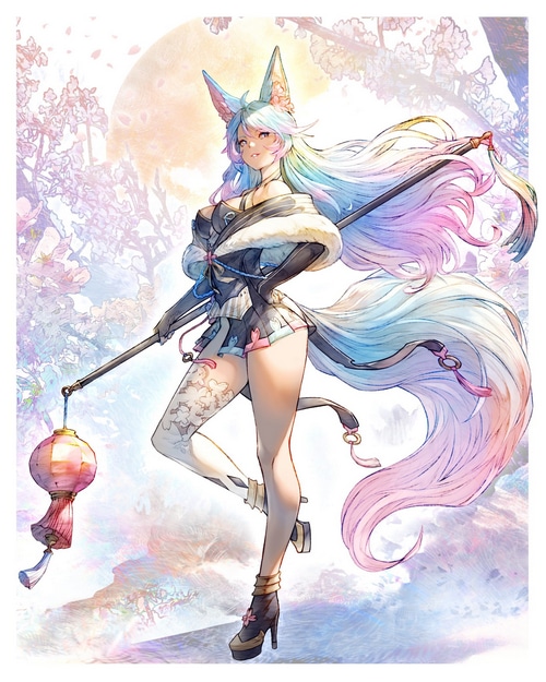 Silvervale as a fox girl with a lantern