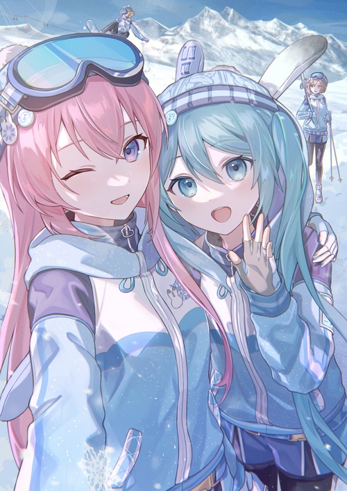 Anime girls taking a selfie on a snowy mountain
