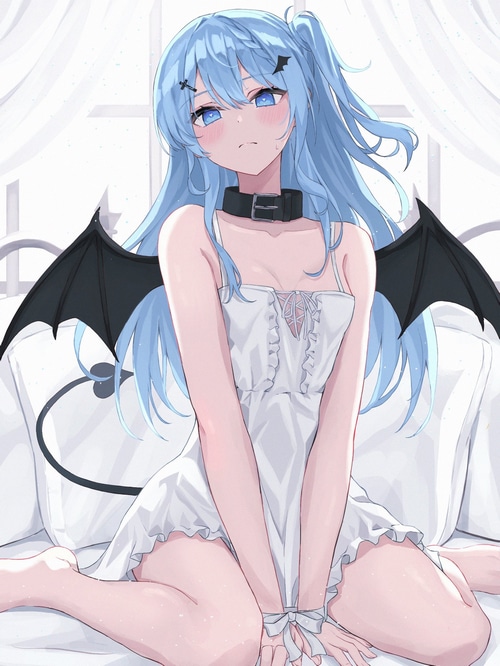 Anime succubus with blue hair and bat wings