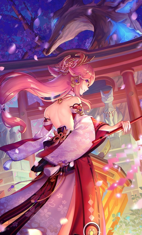 Yae Miko from Genshin Impact with pink petals