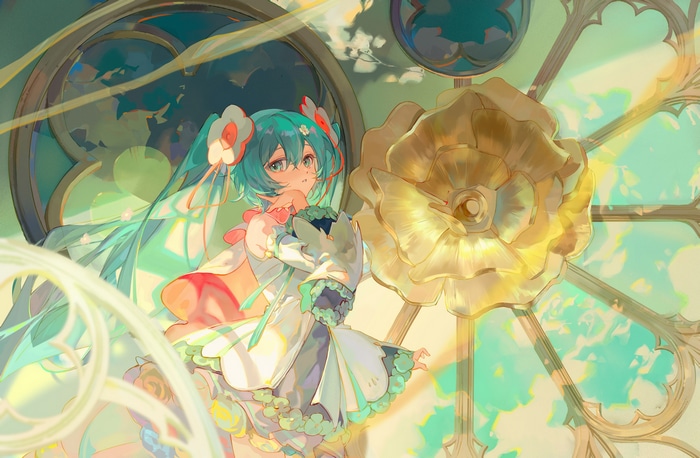 Hatsune Miku in a white dress with a golden rose