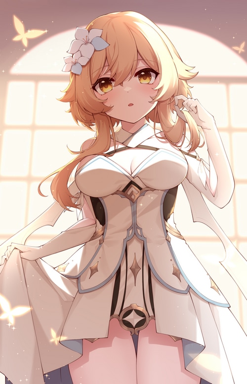 Lumine lifting her dress with butterflies