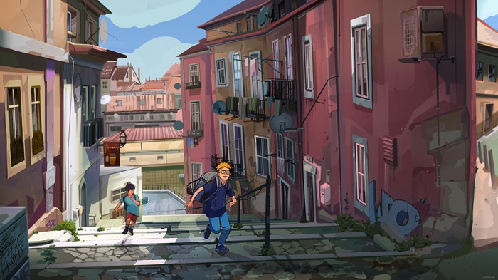 Two boys running down a city street with buildings and stairs