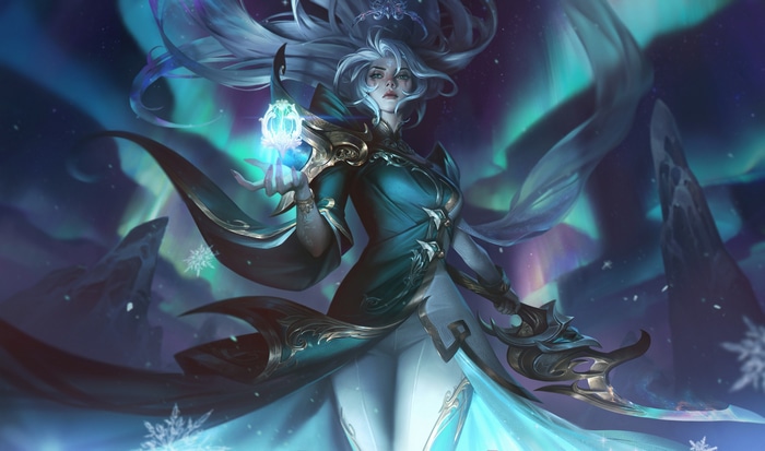 Fantasy art of a woman with silver hair and green eyes