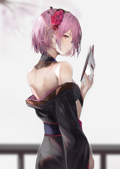 Mori Calliope holding a fox mask with pink hair