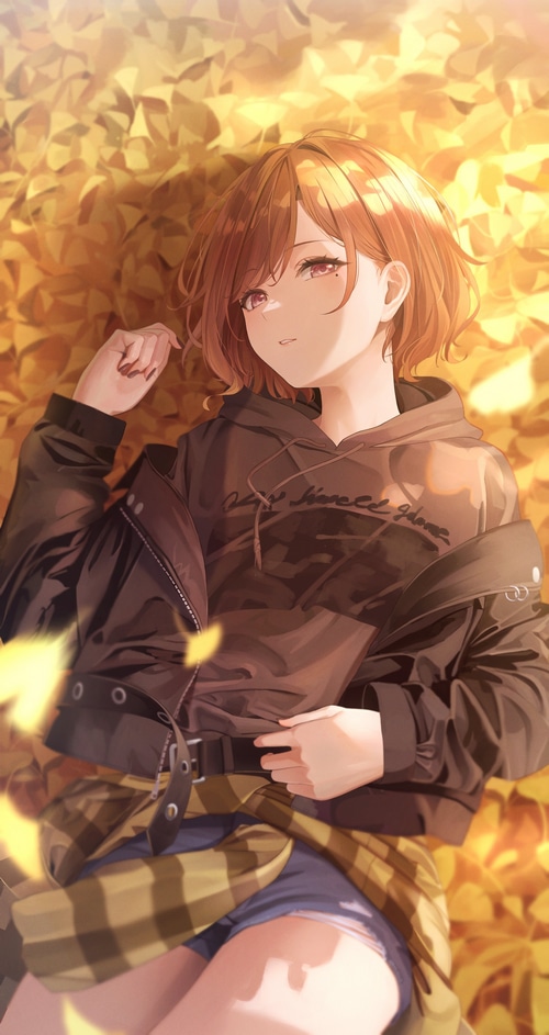 Madoka Higuchi lying on autumn leaves