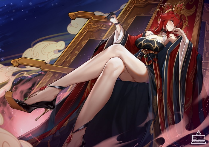 Anime girl with red hair sitting on a throne