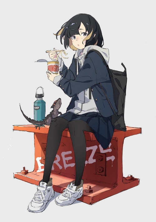 Anime girl eating ramen with a lizard and water bottle