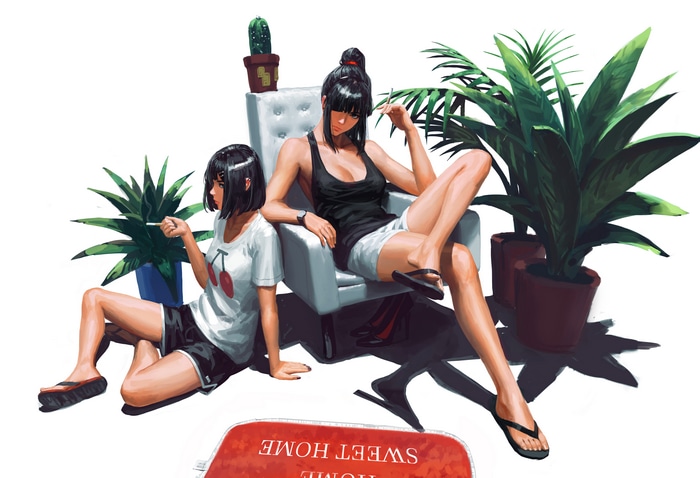 Two women with plants and a cactus