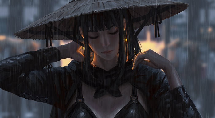 Fantasy girl in bamboo hat in the rain