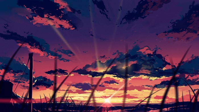 Sunset glow with clouds and grass