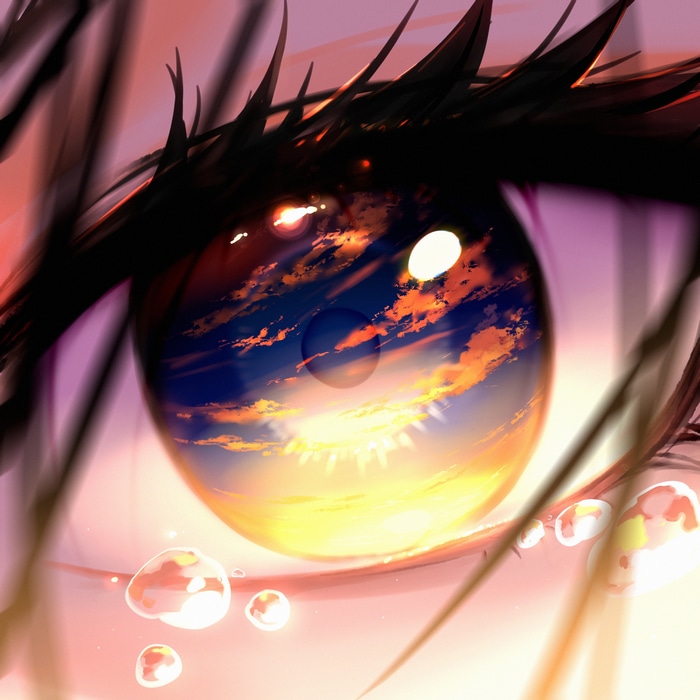 Anime eye reflecting a sunset with clouds