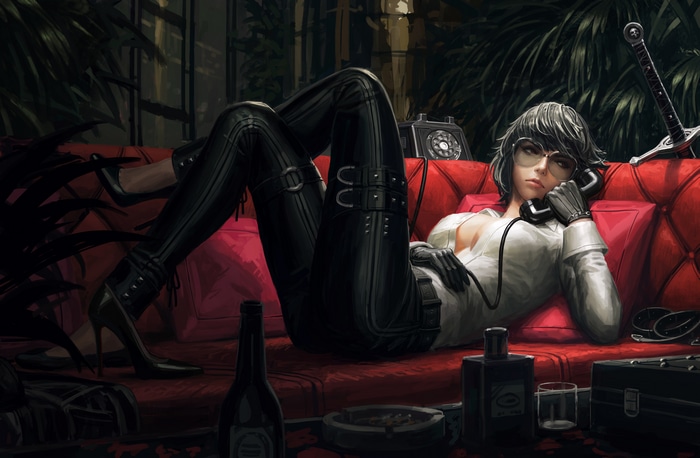 GUWEIZ concept art of a woman with glasses on a couch