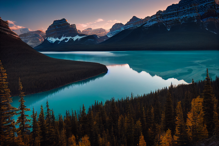 Turquoise lake reflecting mountains at sunset in Canada
