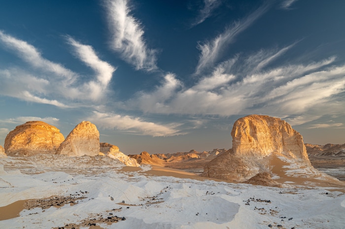 White desert landscape in Egypt under a cloudy sky