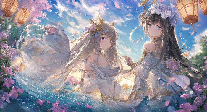 Two anime girls in traditional Chinese dresses in water with flowers