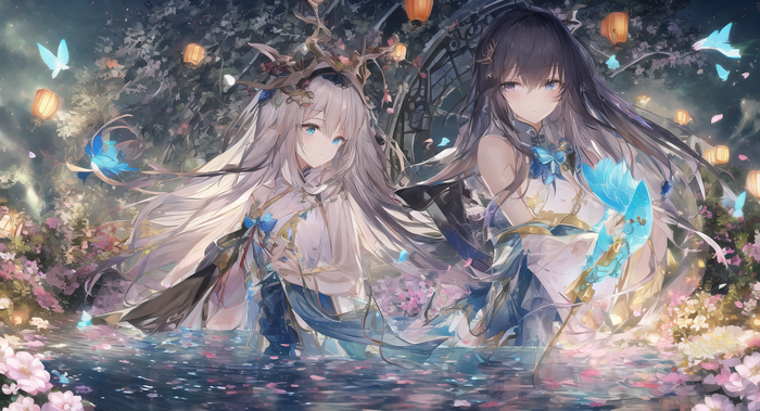Two anime girls in traditional Chinese dresses in water with flowers