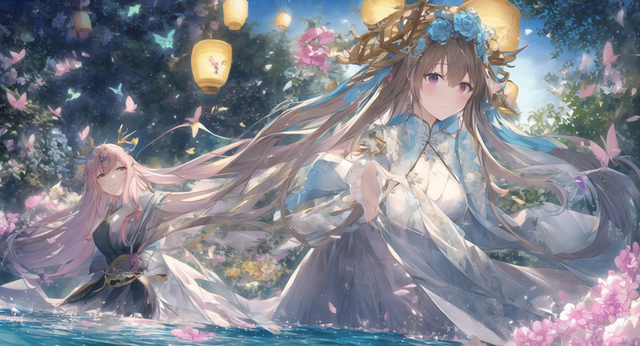 Two anime girls in traditional Chinese dresses in a garden