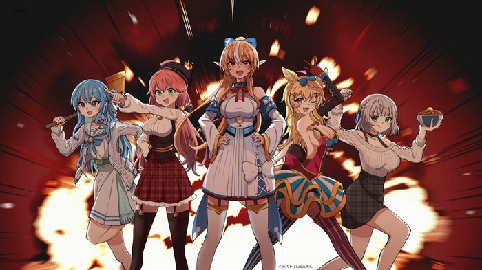 Hololive members Hoshimachi Suisei, Sakura Miko, Shiranui Flare, Omaru Polka, and Shirogane Noel