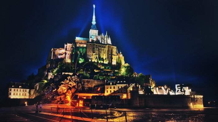 4K Mont Saint-Michel at Night with Blue Lights