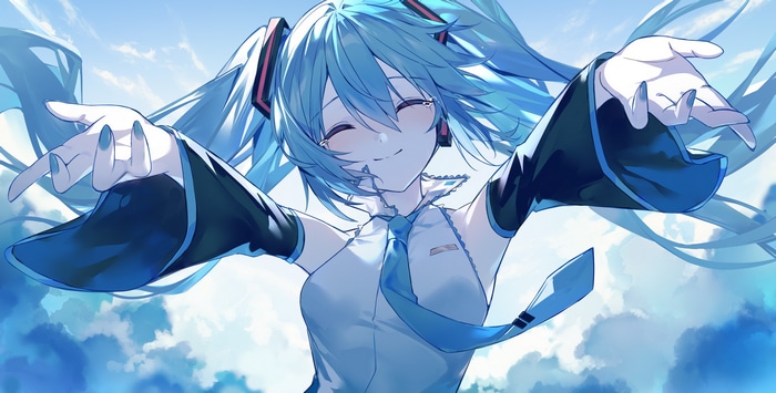 Hatsune Miku smiling with arms outstretched against clouds