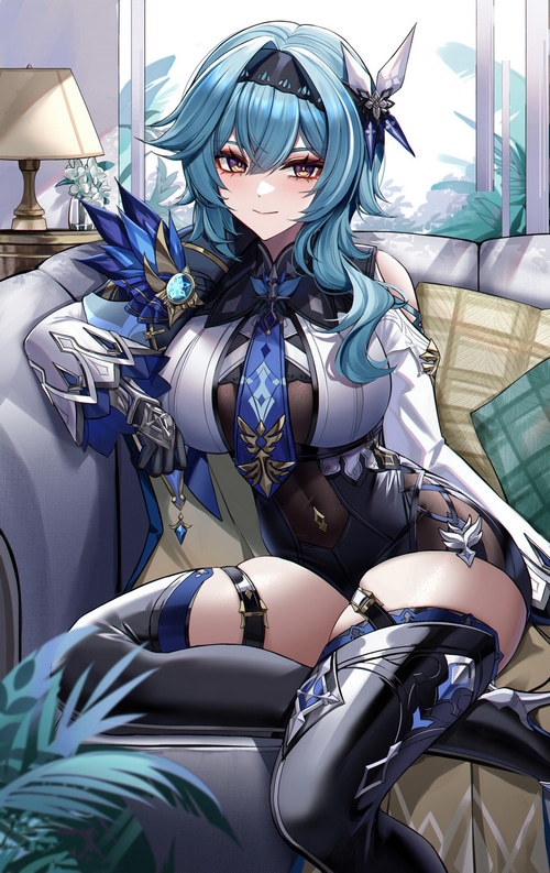 Eula from Genshin Impact sitting on a couch