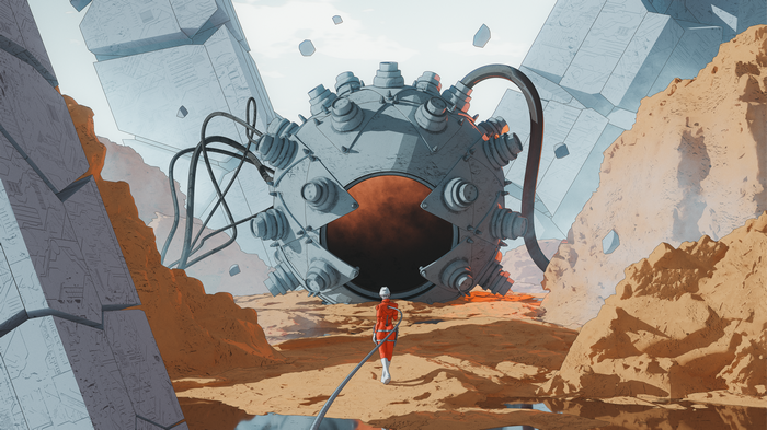 Astronaut in a desert with a large spherical machine