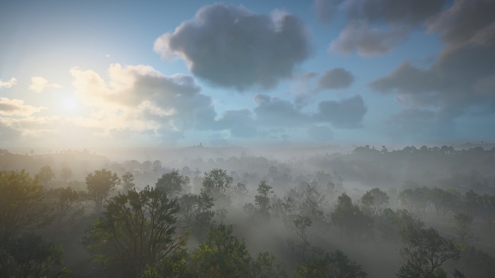 4K HDR trees and clouds over misty landscape