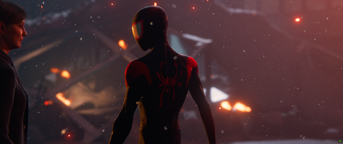 Spider-Man and a woman in a destroyed city
