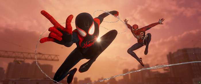 Spider-Man and Miles Morales swinging at sunset